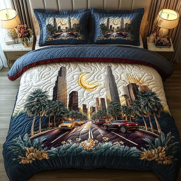 Downtown Los Angeles quilted 3-piece bedding set on a made bed in a softly lit bedroom
