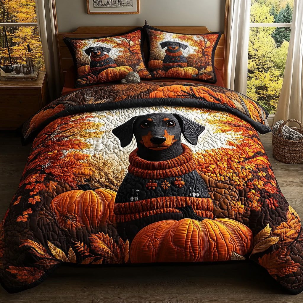Doxie Dreams quilted 3-piece bedding set on a made bed with two matching pillow shams