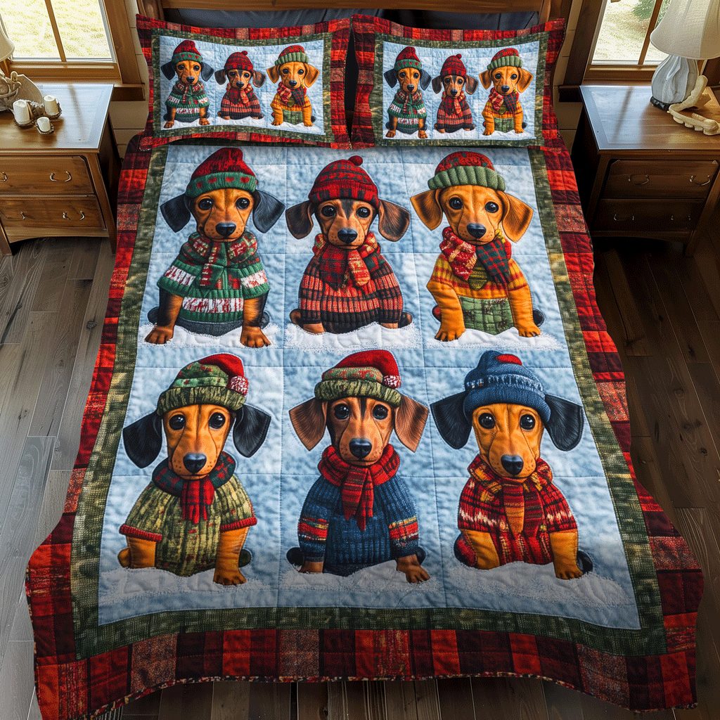 Doxie Ugly Sweater quilted 3-piece bedding set on a made bed with two matching pillow shams