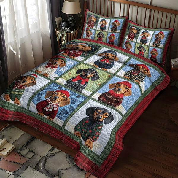 Doxie Winter Wishes quilted 3-piece bedding set on a made bed in a winter-styled bedroom