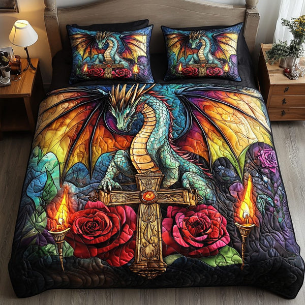 Draconic Realm quilted 3-piece bedding set on a made bed with two matching pillow shams