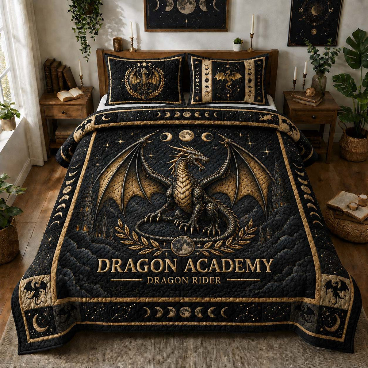 Dragon Academy Rider quilted 3-piece bedding set on a made bed with two matching pillow shams