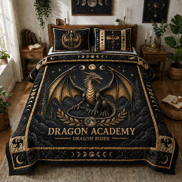 Dragon Academy Rider quilted 3-piece bedding set on a made bed with two matching pillow shams