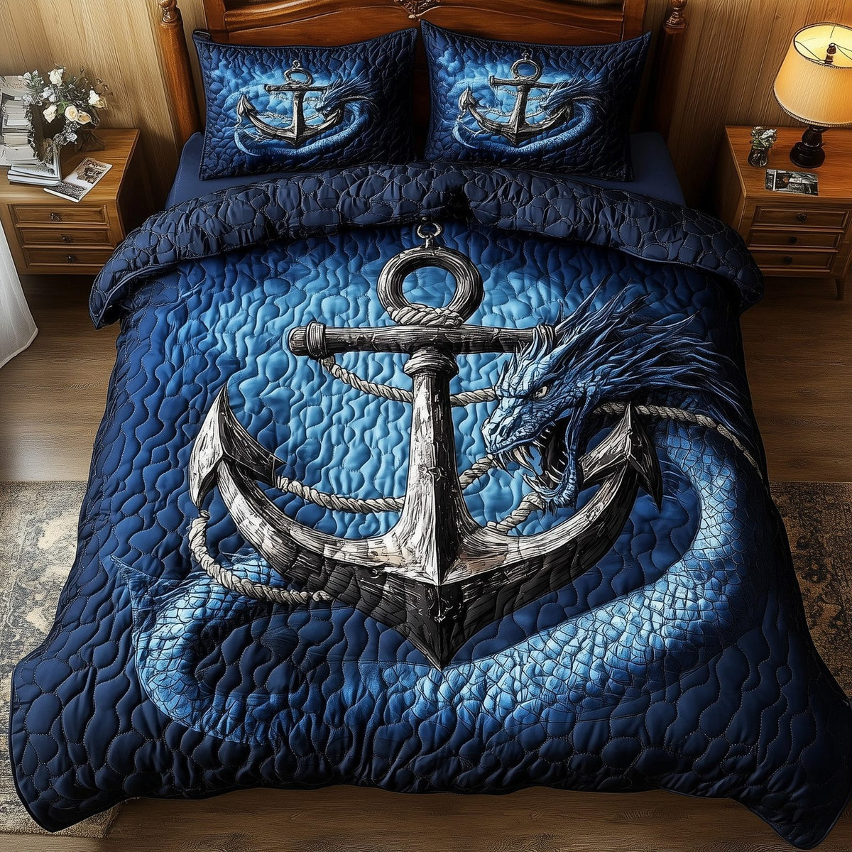 Dragon Anchor quilted 3-piece bedding set on a made bed in a light coastal bedroom