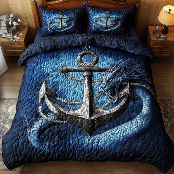 Dragon Anchor quilted 3-piece bedding set on a made bed in a light coastal bedroom