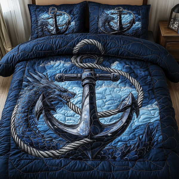 Dragon Anchor quilted 3-piece bedding set on a made bed in a light coastal bedroom