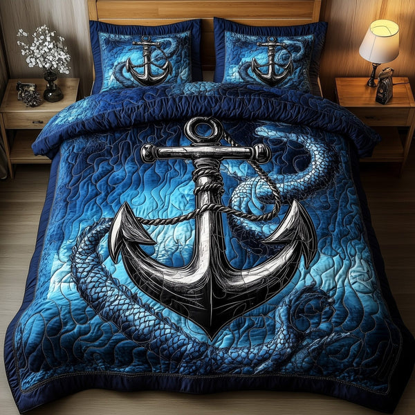 Dragon Anchor quilted 3-piece bedding set on a made bed in a light coastal bedroom