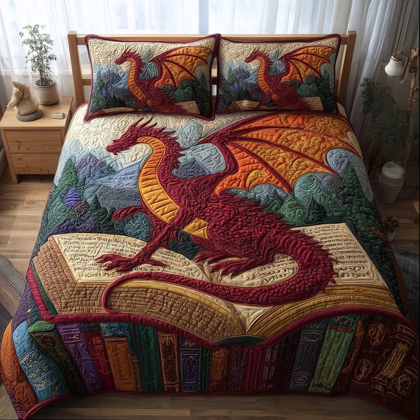 Dragon And Book quilted 3-piece bedding set on a made bed with two matching pillow shams