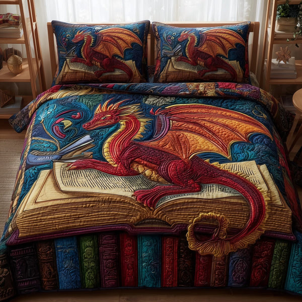 Dragon And Books quilted 3-piece bedding set on a made bed with two matching pillow shams