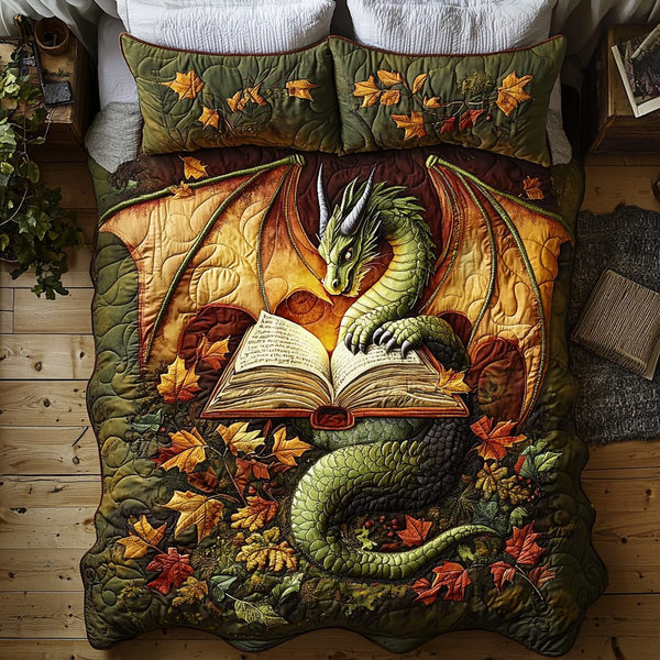 Dragon Autumn Book quilted 3-piece bedding set on a made bed with two matching pillow shams
