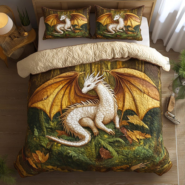 Dragon Autumn quilted 3-piece bedding set on a made bed with two matching pillow shams