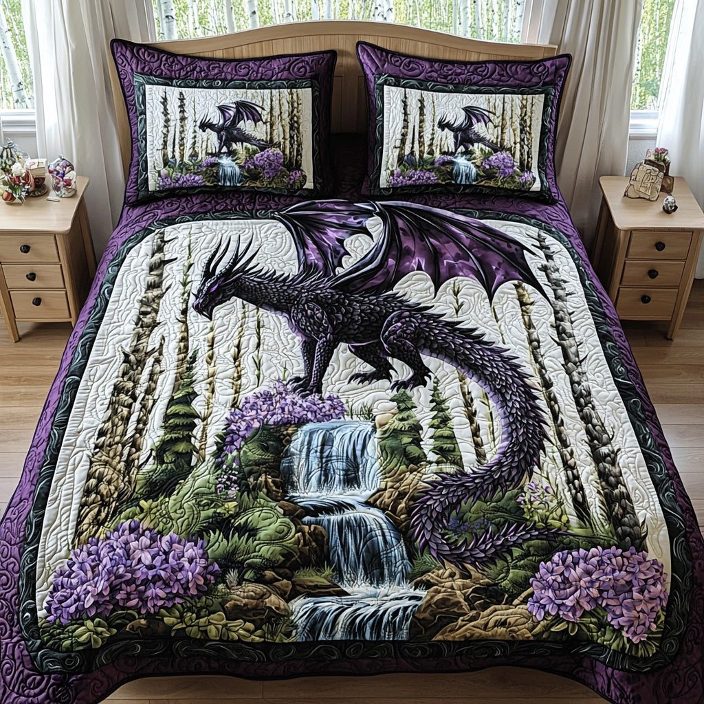 Dragon Bloom quilted 3-piece bedding set on a made bed with two matching pillow shams