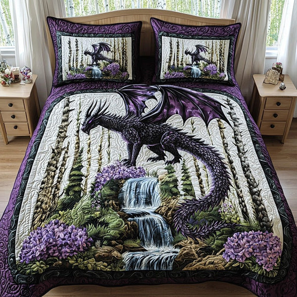 Dragon Bloom quilted 3-piece bedding set on a made bed with two matching pillow shams