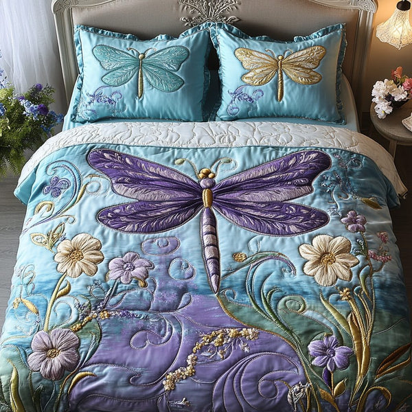 Dragon Bloom quilted 3-piece bedding set on a made bed with two matching pillow shams
