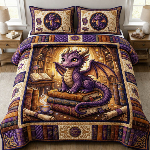 Dragon Book quilted 3-piece bedding set on a made bed with two matching pillow shams