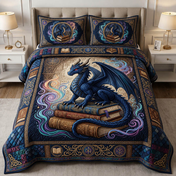 Dragon Book quilted 3-piece bedding set on a made bed with two matching pillow shams
