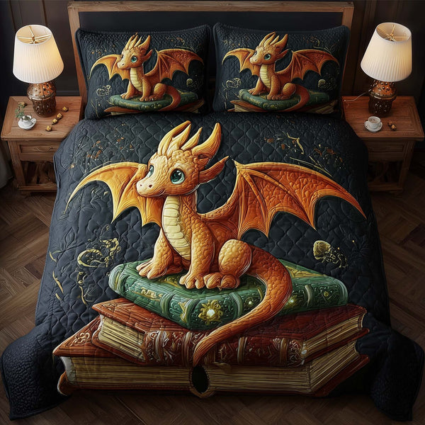 Dragon Book quilted 3-piece bedding set on a made bed with two matching pillow shams