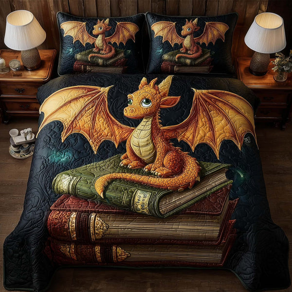 Dragon Book quilted 3-piece bedding set on a made bed with two matching pillow shams