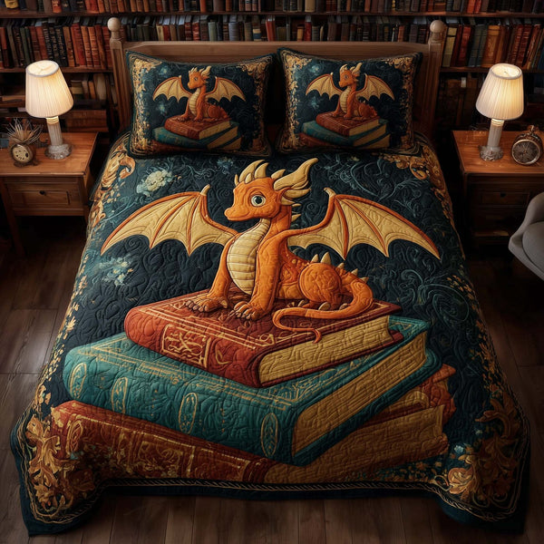 Dragon Book quilted 3-piece bedding set on a made bed with two matching pillow shams