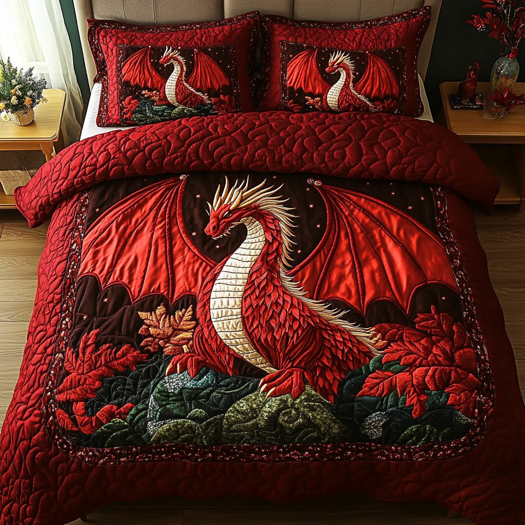 Dragon Breath quilted 3-piece bedding set on a made bed with two matching pillow shams