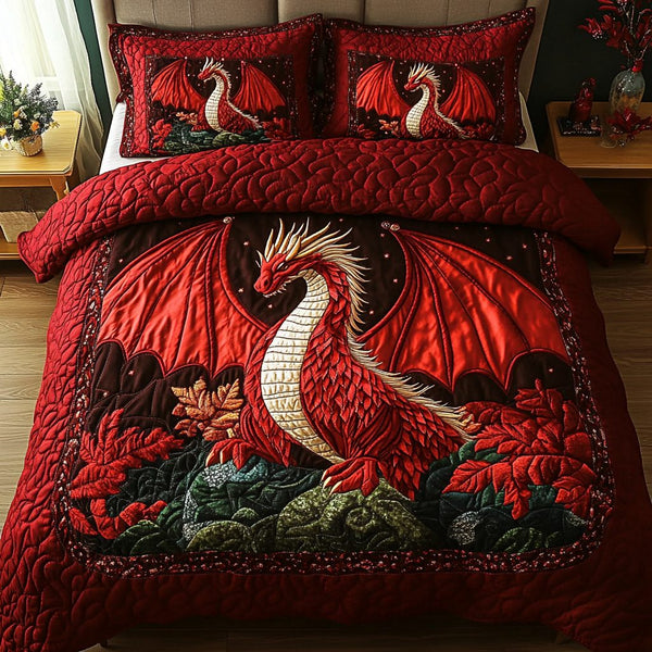 Dragon Breath quilted 3-piece bedding set on a made bed with two matching pillow shams