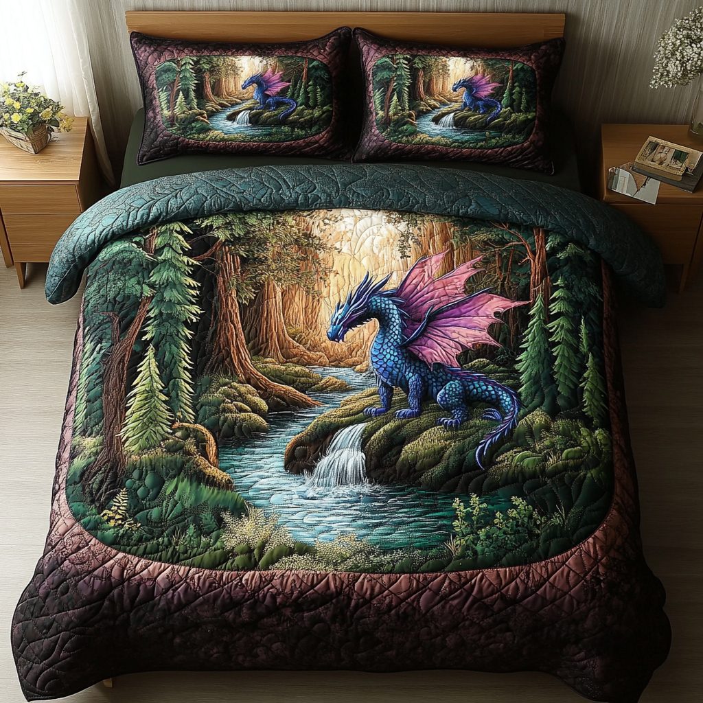 Dragon Breath quilted 3-piece bedding set on a made bed with two matching pillow shams