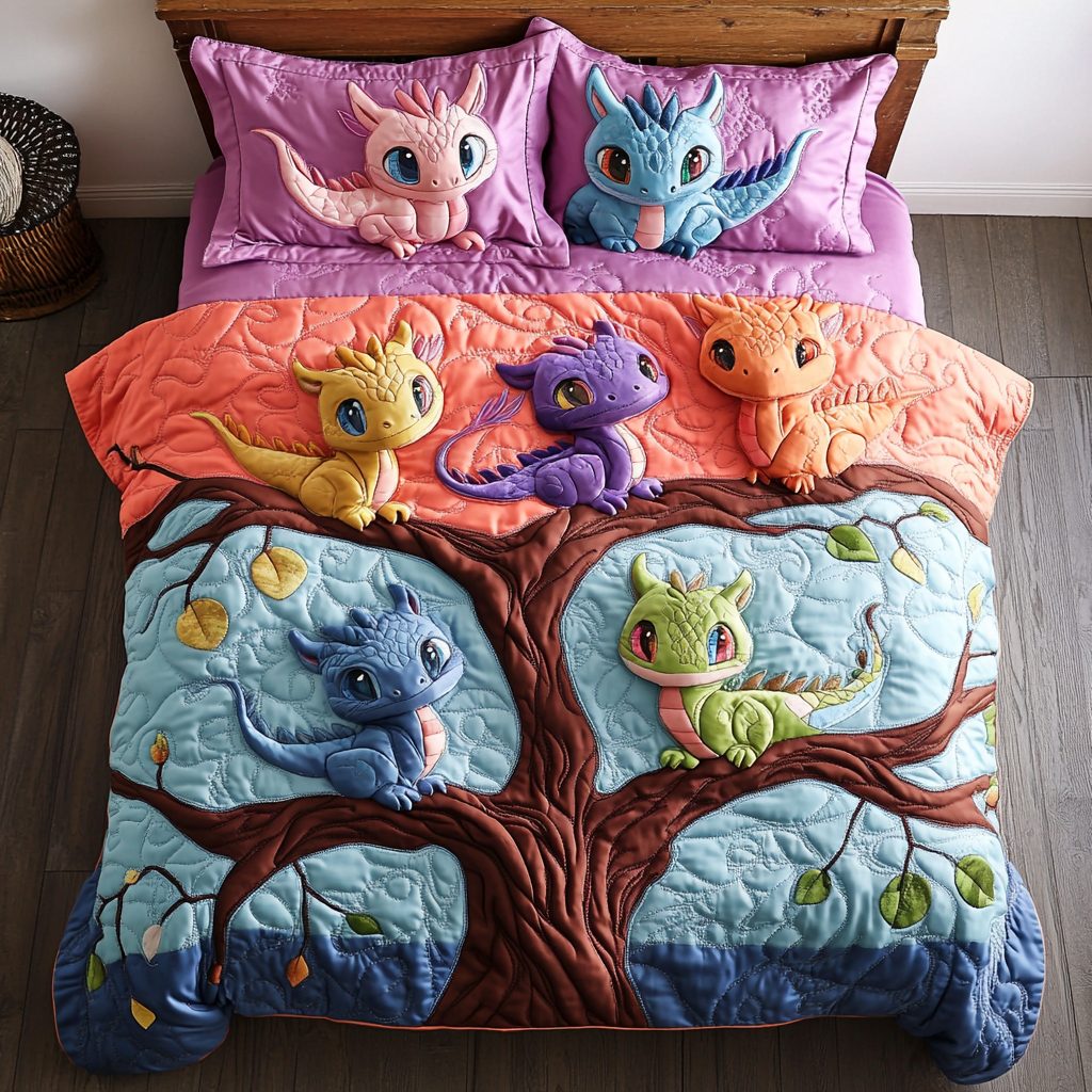 Dragon Breath quilted 3-piece bedding set on a made bed with two matching pillow shams