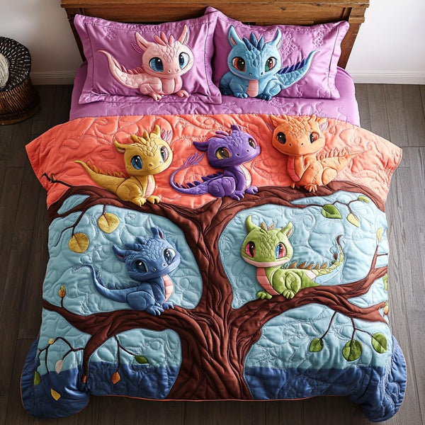 Dragon Breath quilted 3-piece bedding set on a made bed with two matching pillow shams
