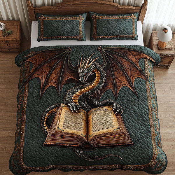 Dragon Bronze Book quilted 3-piece bedding set on a made bed with two matching pillow shams