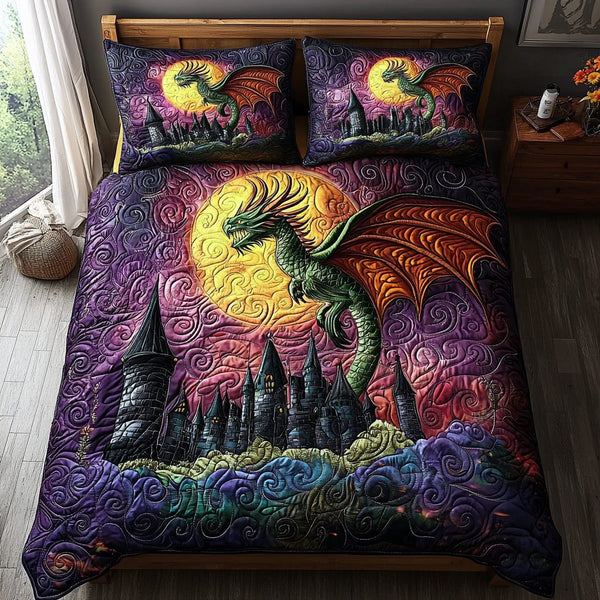 Dragon Castle quilted 3-piece bedding set on a made bed with two matching pillow shams