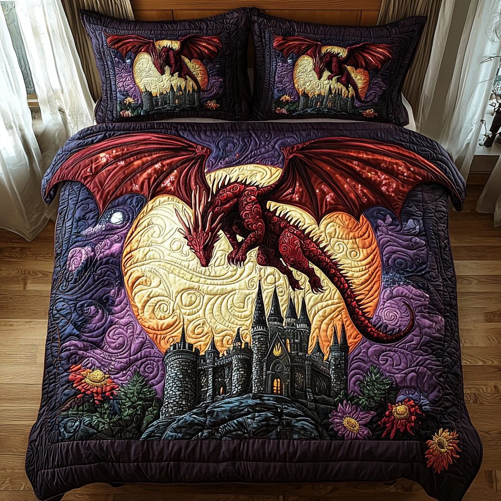 Dragon Castle Soar quilted 3-piece bedding set on a made bed with two matching pillow shams