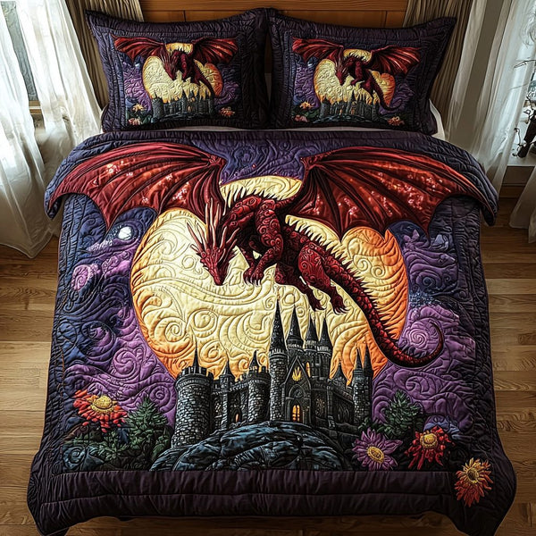 Dragon Castle Soar quilted 3-piece bedding set on a made bed with two matching pillow shams