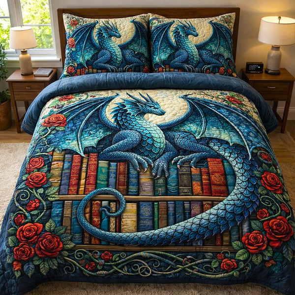 Dragon Charm quilted 3-piece bedding set on a made bed with two matching pillow shams