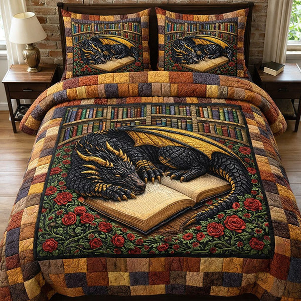 Dragon Charm quilted 3-piece bedding set on a made bed with two matching pillow shams