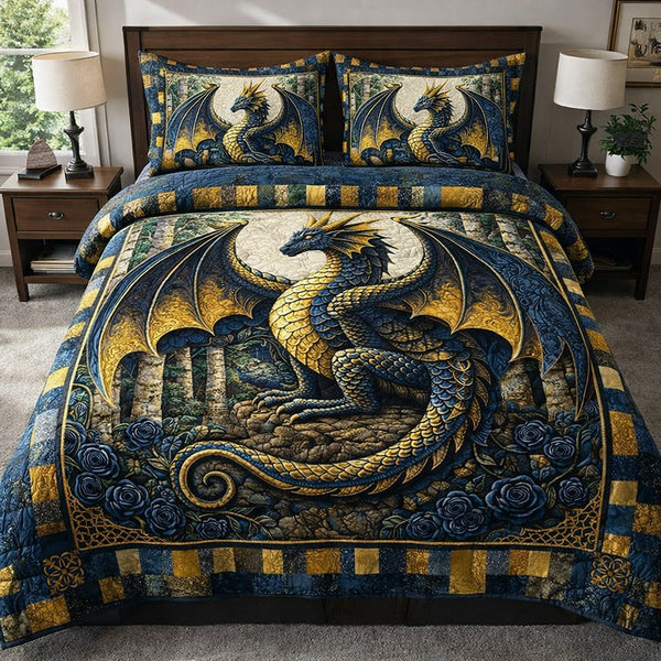 Dragon Charm quilted 3-piece bedding set on a made bed with two matching pillow shams