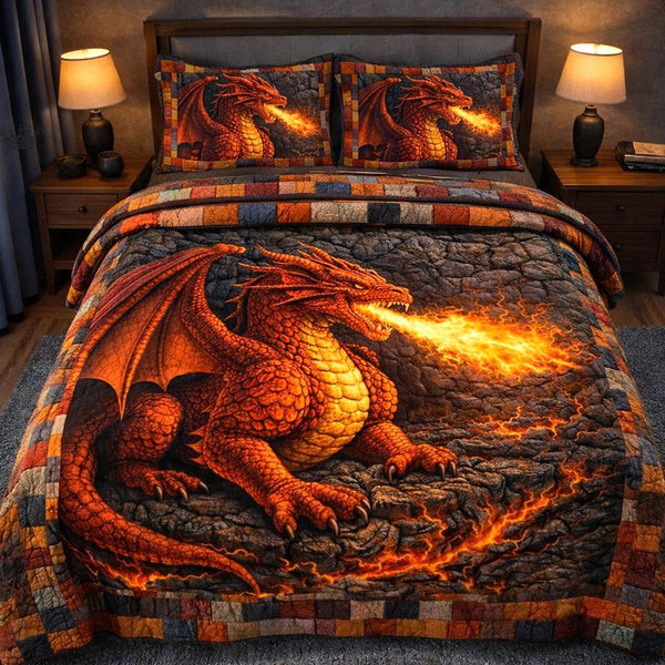 Dragon Charm quilted 3-piece bedding set on a made bed with two matching pillow shams