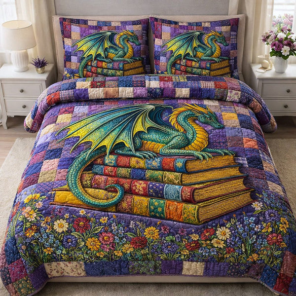 Dragon Charm quilted 3-piece bedding set on a made bed with two matching pillow shams