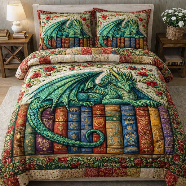 Dragon Charm quilted 3-piece bedding set on a made bed with two matching pillow shams