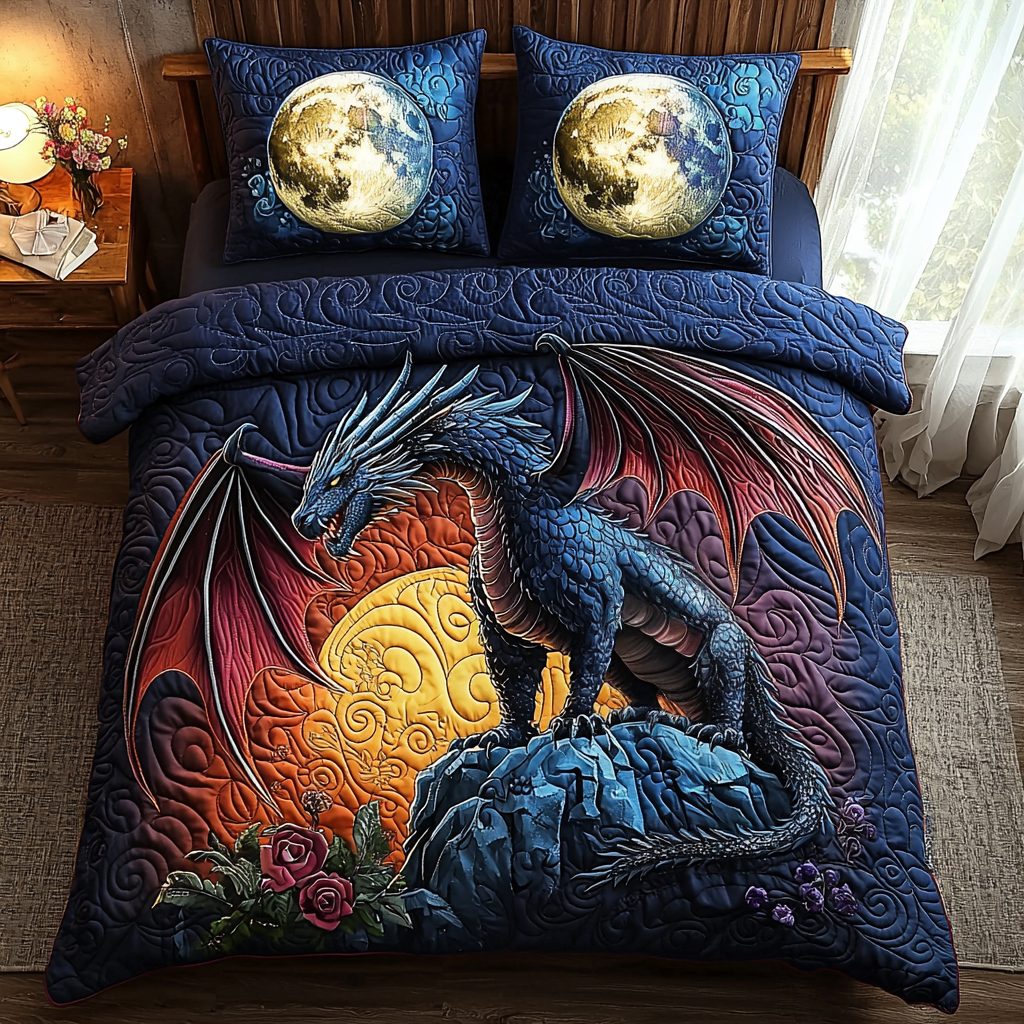 Dragon Cliff quilted 3-piece bedding set on a made bed with two matching pillow shams