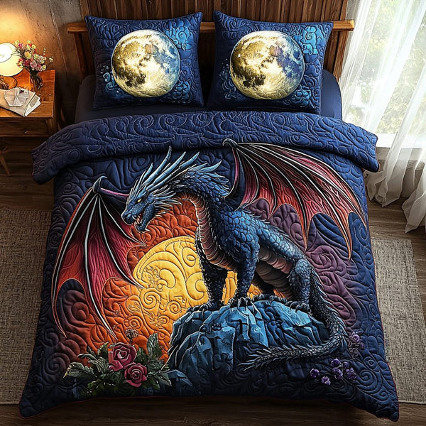 Dragon Cliff quilted 3-piece bedding set on a made bed with two matching pillow shams