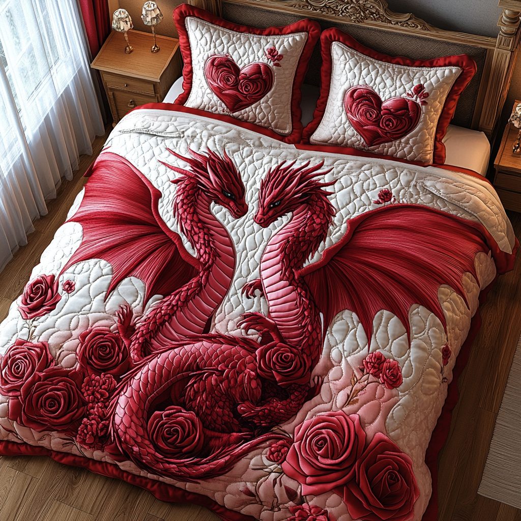 Dragon Couple quilted 3-piece bedding set on a made bed with two matching pillow shams