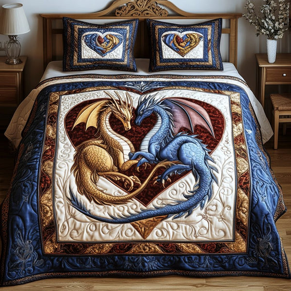 Dragon Couple quilted 3-piece bedding set on a made bed with two matching pillow shams
