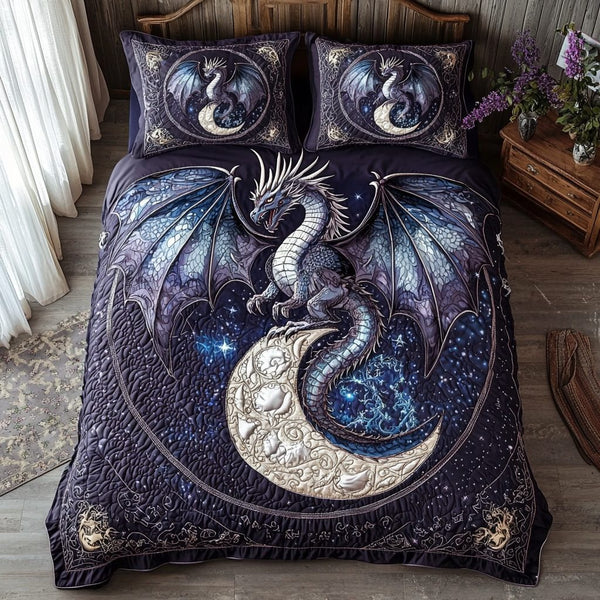 Dragon Crescent quilted 3-piece bedding set on a made bed with two matching pillow shams
