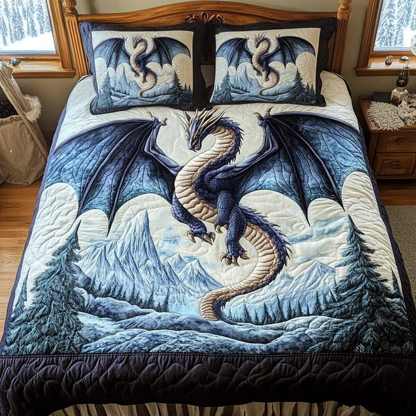 Dragon Crest quilted 3-piece bedding set on a made bed with two matching pillow shams