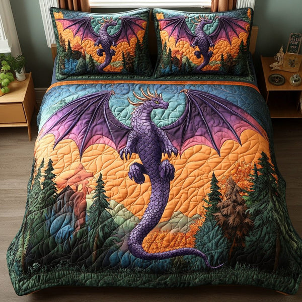 Dragon Dawn quilted 3-piece bedding set on a made bed with two matching pillow shams