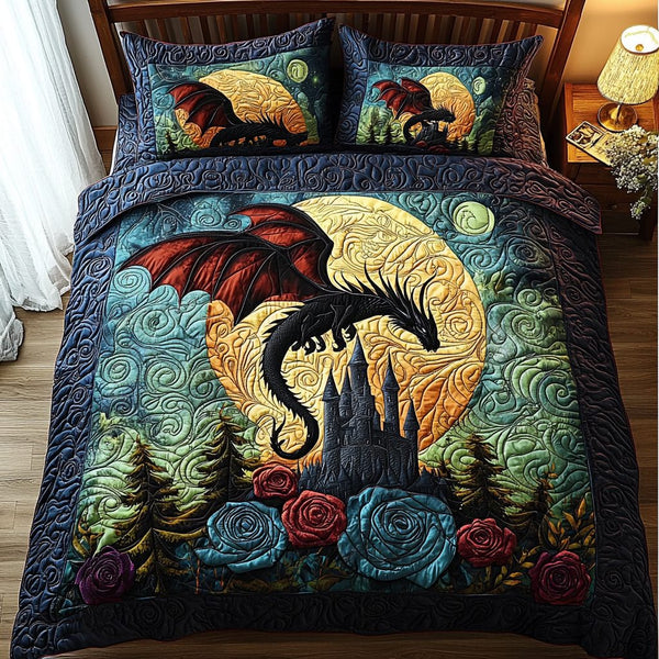 Dragon Domain quilted 3-piece bedding set on a made bed with two matching pillow shams