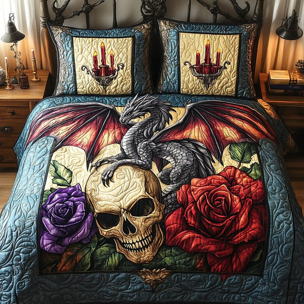 Dragon Dominion quilted 3-piece bedding set on a made bed with two matching pillow shams