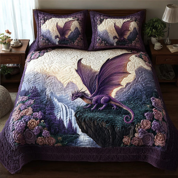 Dragon Embrace quilted 3-piece bedding set on a made bed with two matching pillow shams