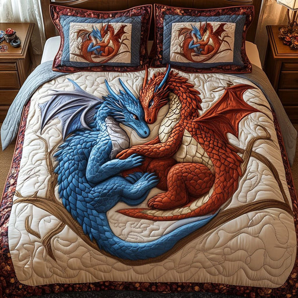 Dragon Embrace quilted 3-piece bedding set on a made bed with two matching pillow shams