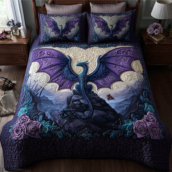 Dragon Essence quilted 3-piece bedding set on a made bed with two matching pillow shams
